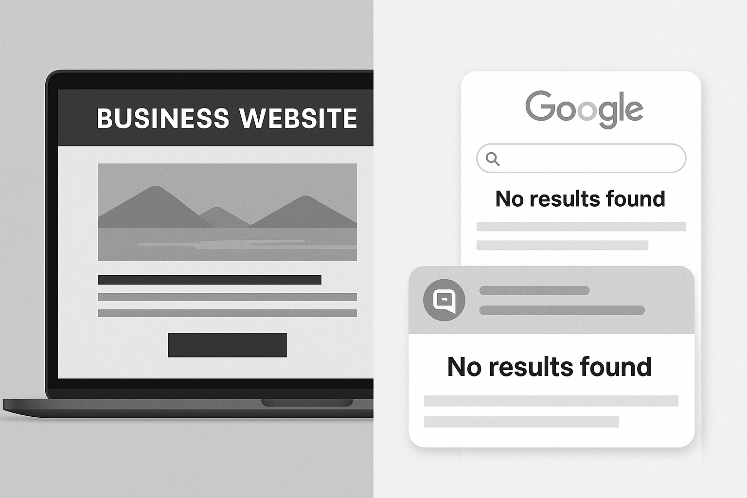 Modern business website next to AI search showing no results – illustrating poor online visibility.