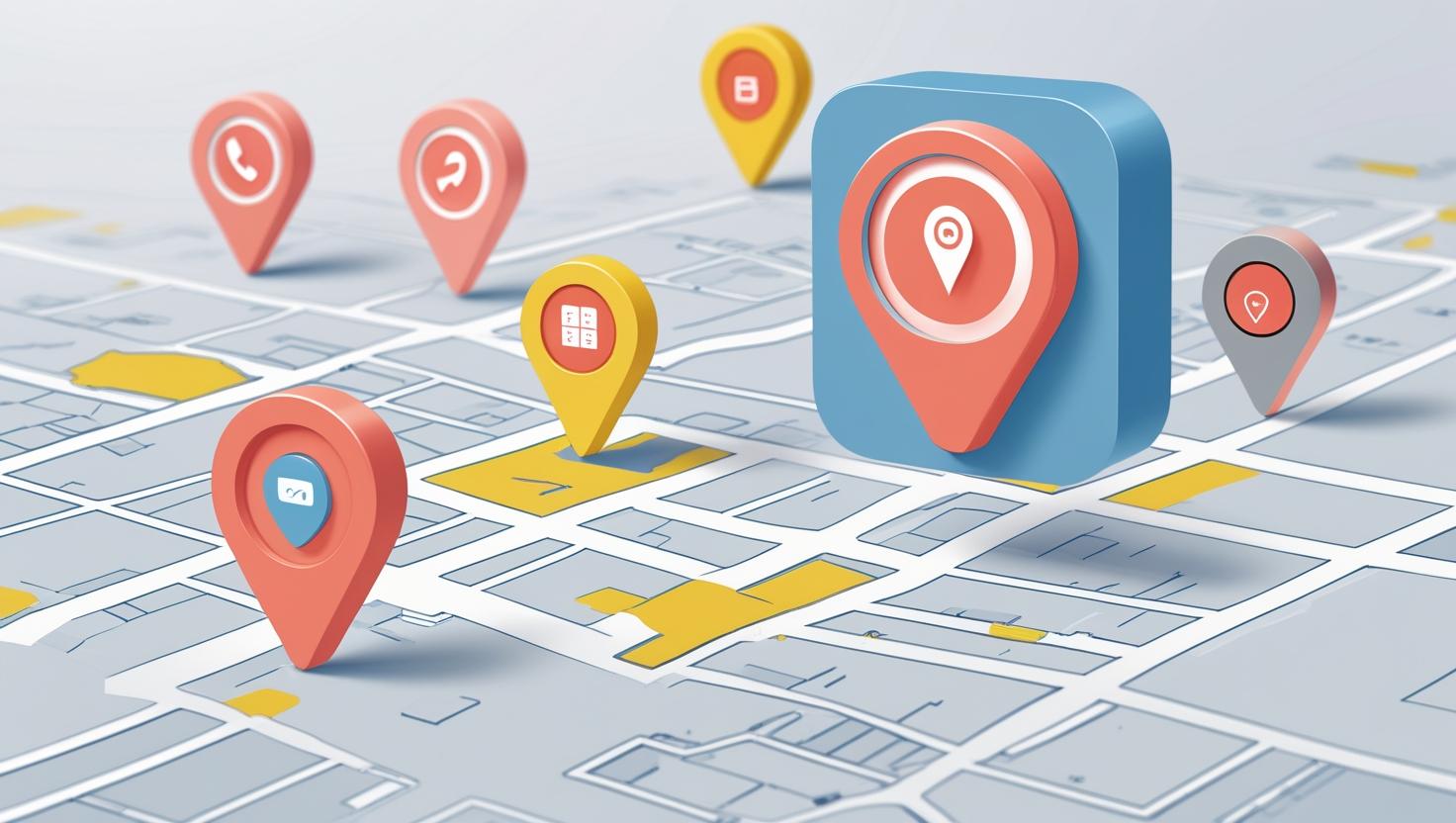 A wireframe map showing one business pin highlighted and others greyed out, symbolizing NAP accuracy and visibility