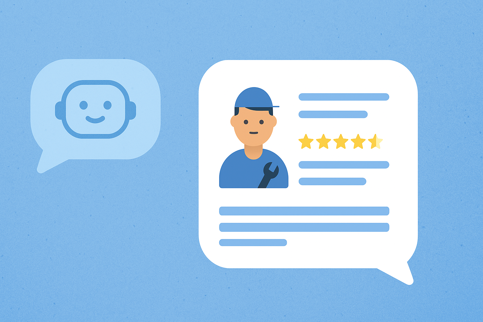 Chatbot bubble asking a question with a summarized AI result for a local plumber including stars and details.